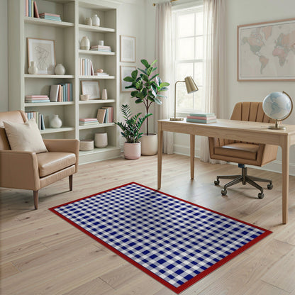 Navy Blue Checkered Rug with Red Border
