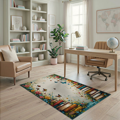 Vintage Floral Books Butterfly Area Rug