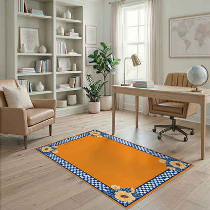 Orange Floral Checkered Area Rug