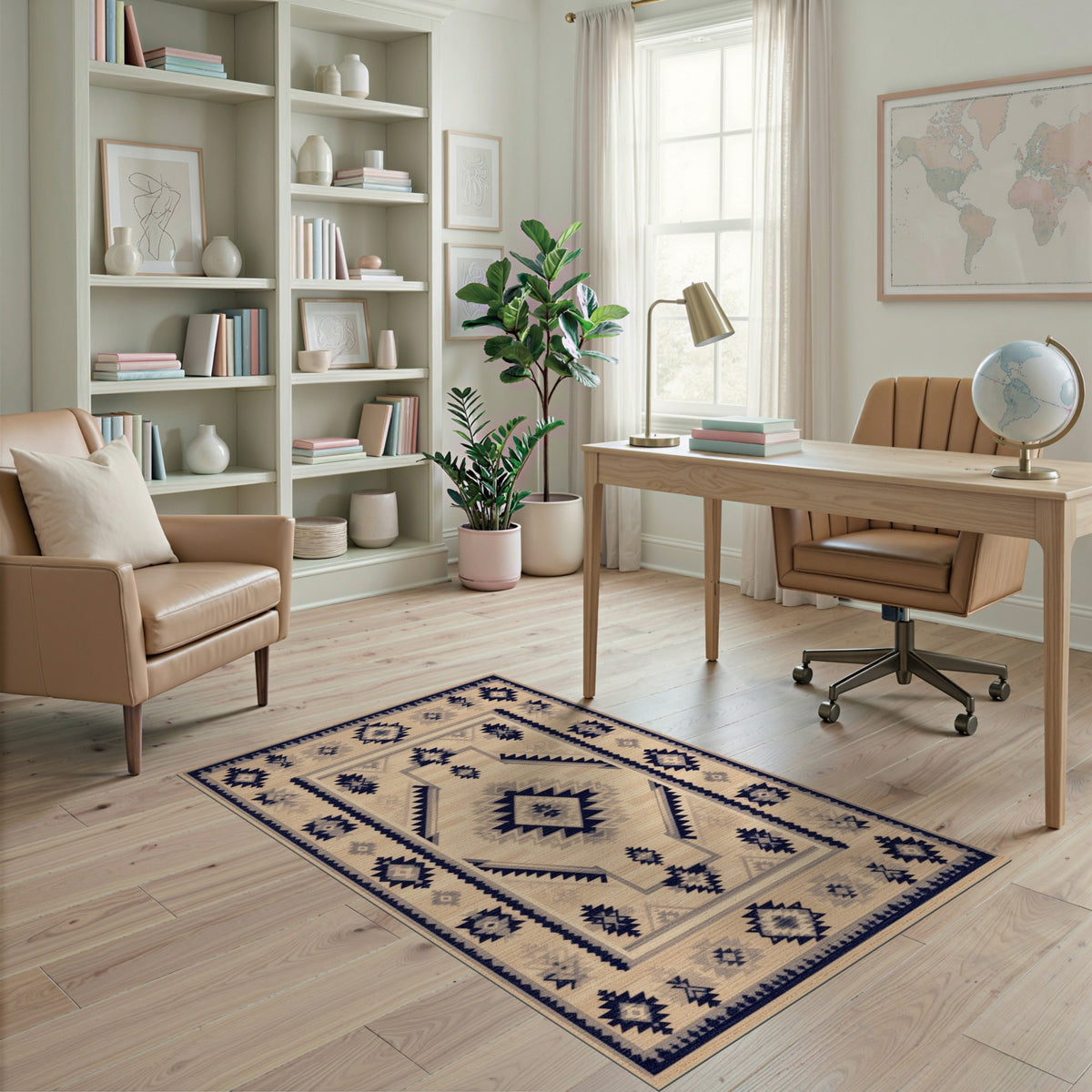 Beige and Neutral Navy Southwestern Geometric Area Rug