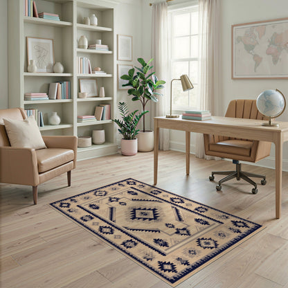 Beige and Neutral Navy Southwestern Geometric Area Rug