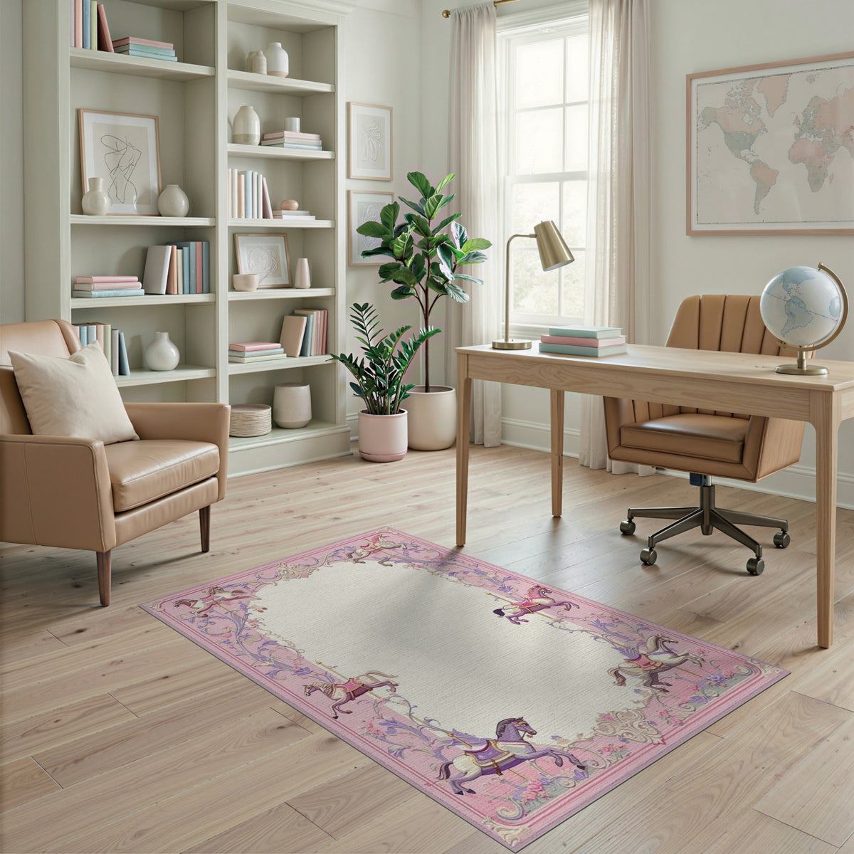 Pink Carousel Horse Floral Area Rug