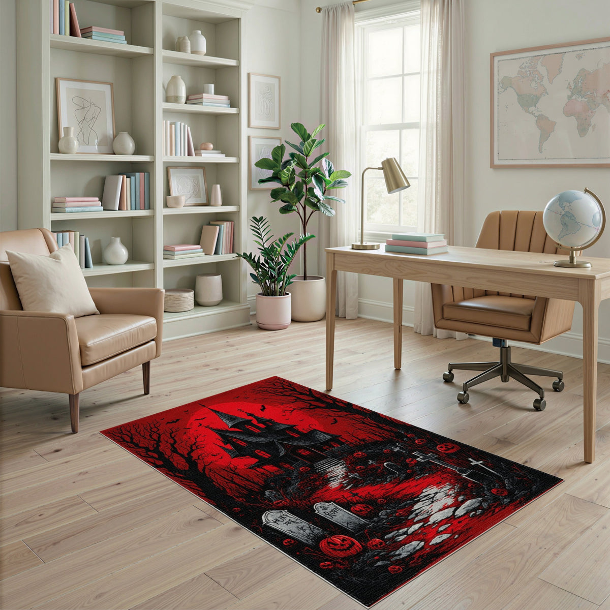 Red Haunted Mansion Halloween Area Rug