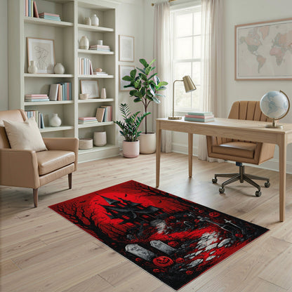 Red Haunted Mansion Halloween Area Rug