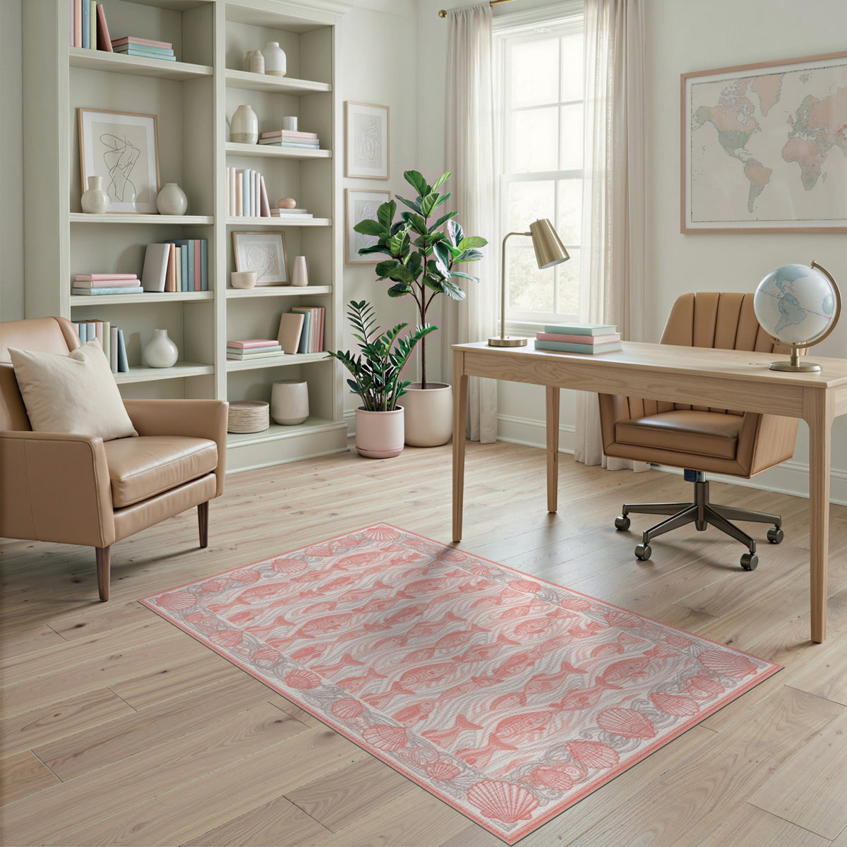 Pink Fish and Seashell Washable Area Rug
