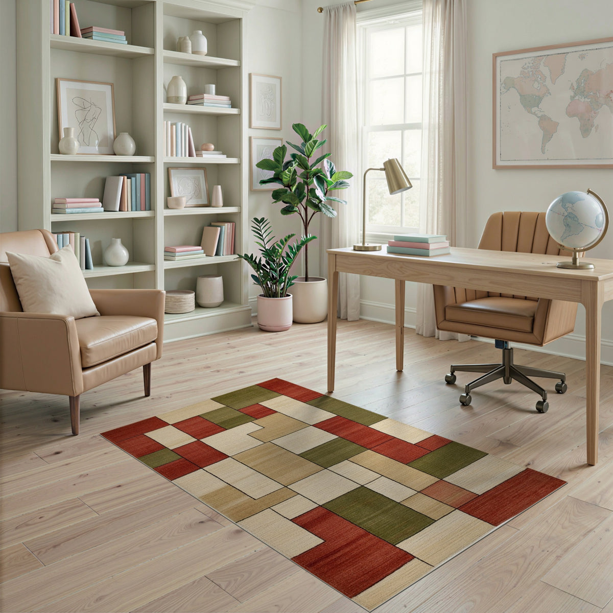 Geometric Block Red Beige Area Rug