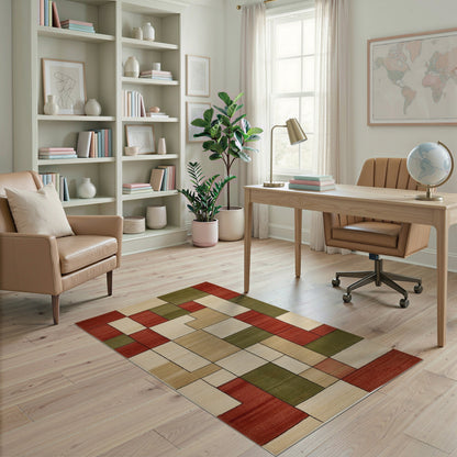 Geometric Block Red Beige Area Rug