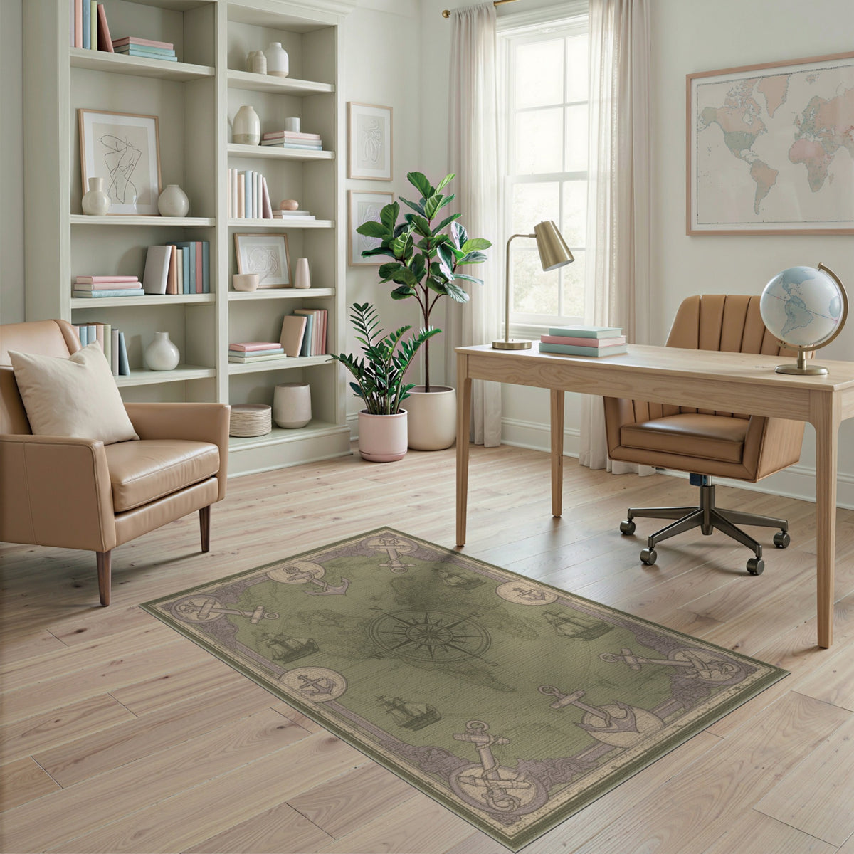 Distressed Nautical World Map Area Rug