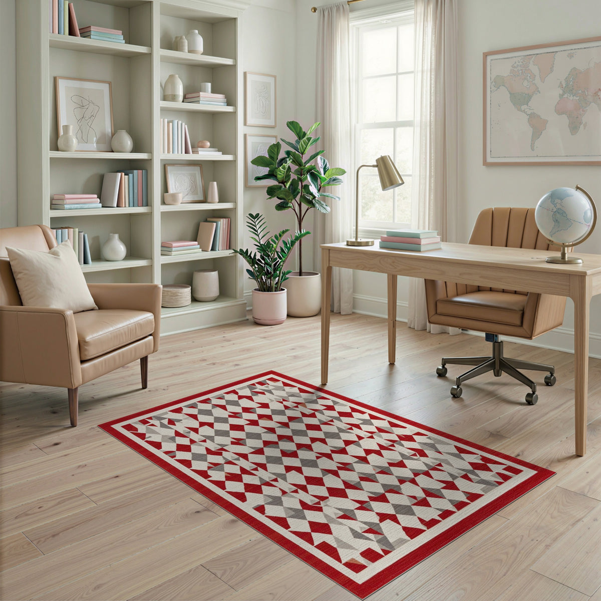 Red Grey Geometric Diamond Area Rug