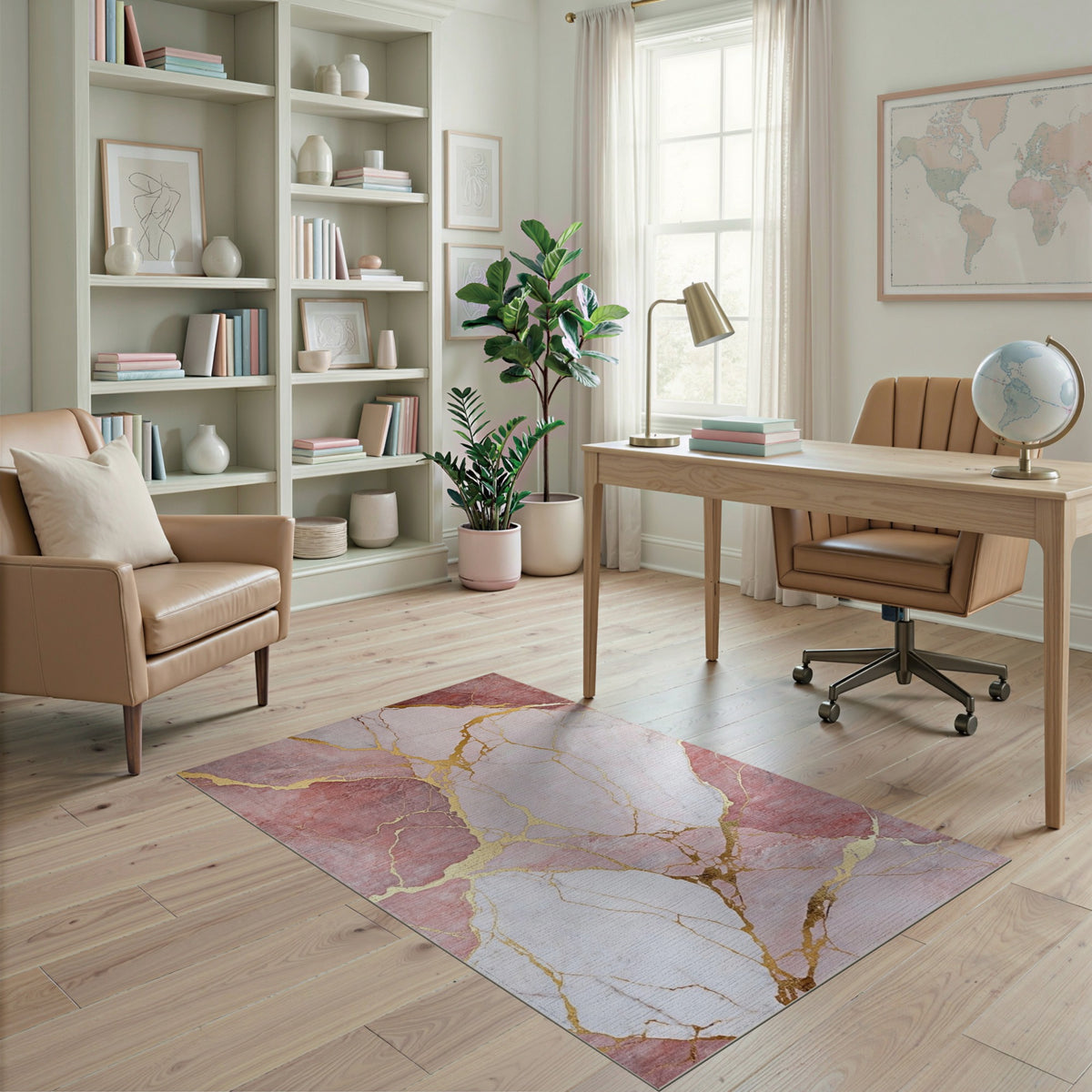 Abstract Area Pink Marble Gold Vein Area Rug