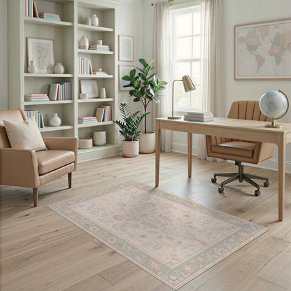 Beige Floral Vintage Area Rug with Sage Border