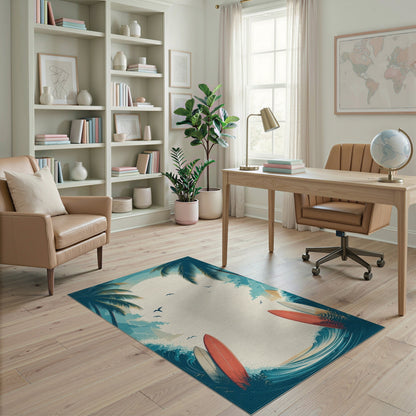 Blue and Teal Coastal Beach Surfboard Washable Area Rug