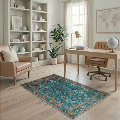 Teal Floral Vintage Area Rug