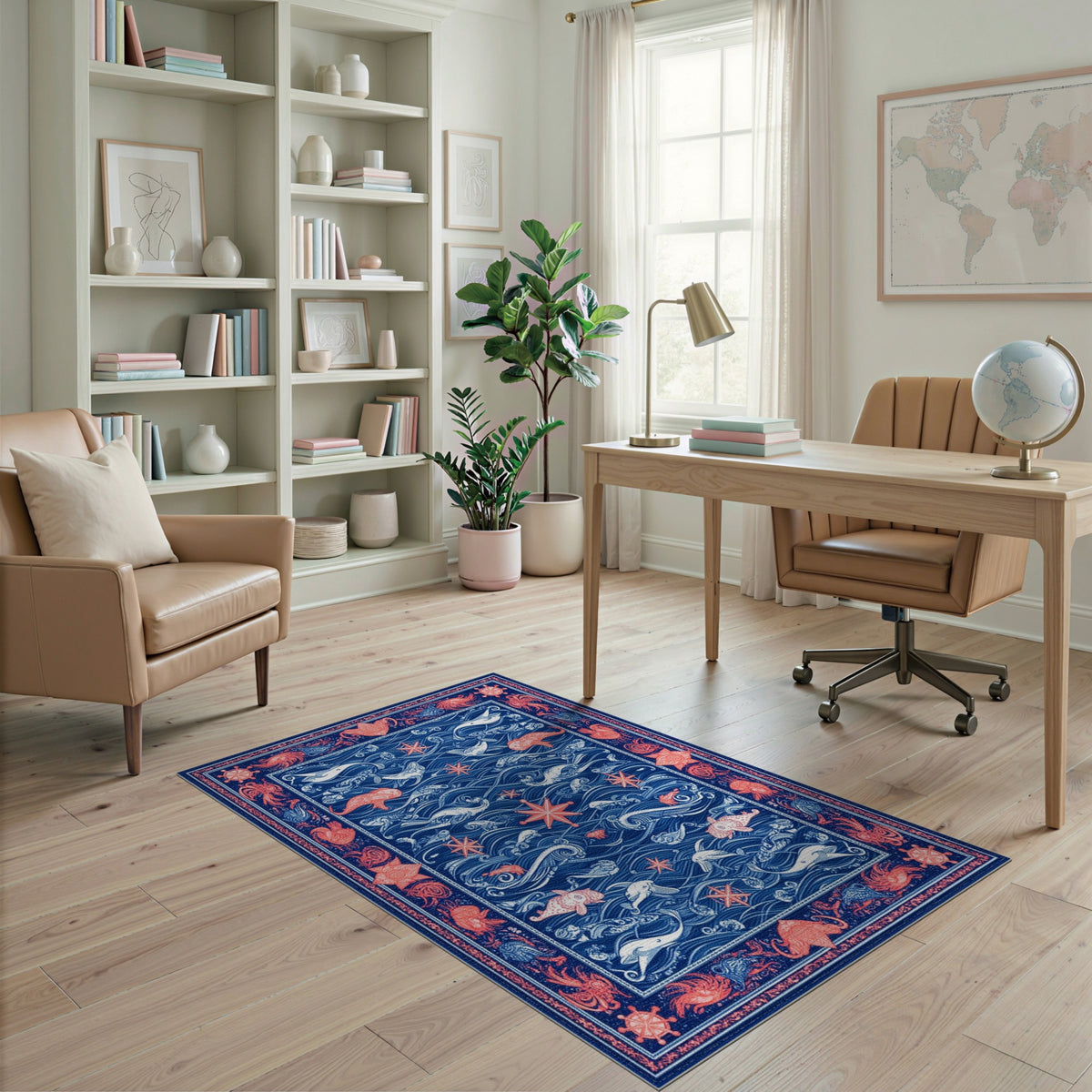 Blue Nautical Ocean Life Area Rug
