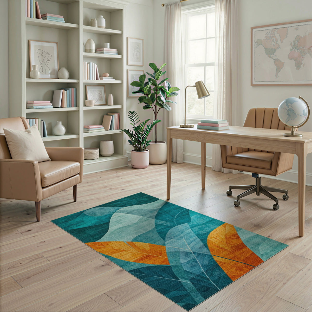 Teal Blue Abstract Leaf Area Rug