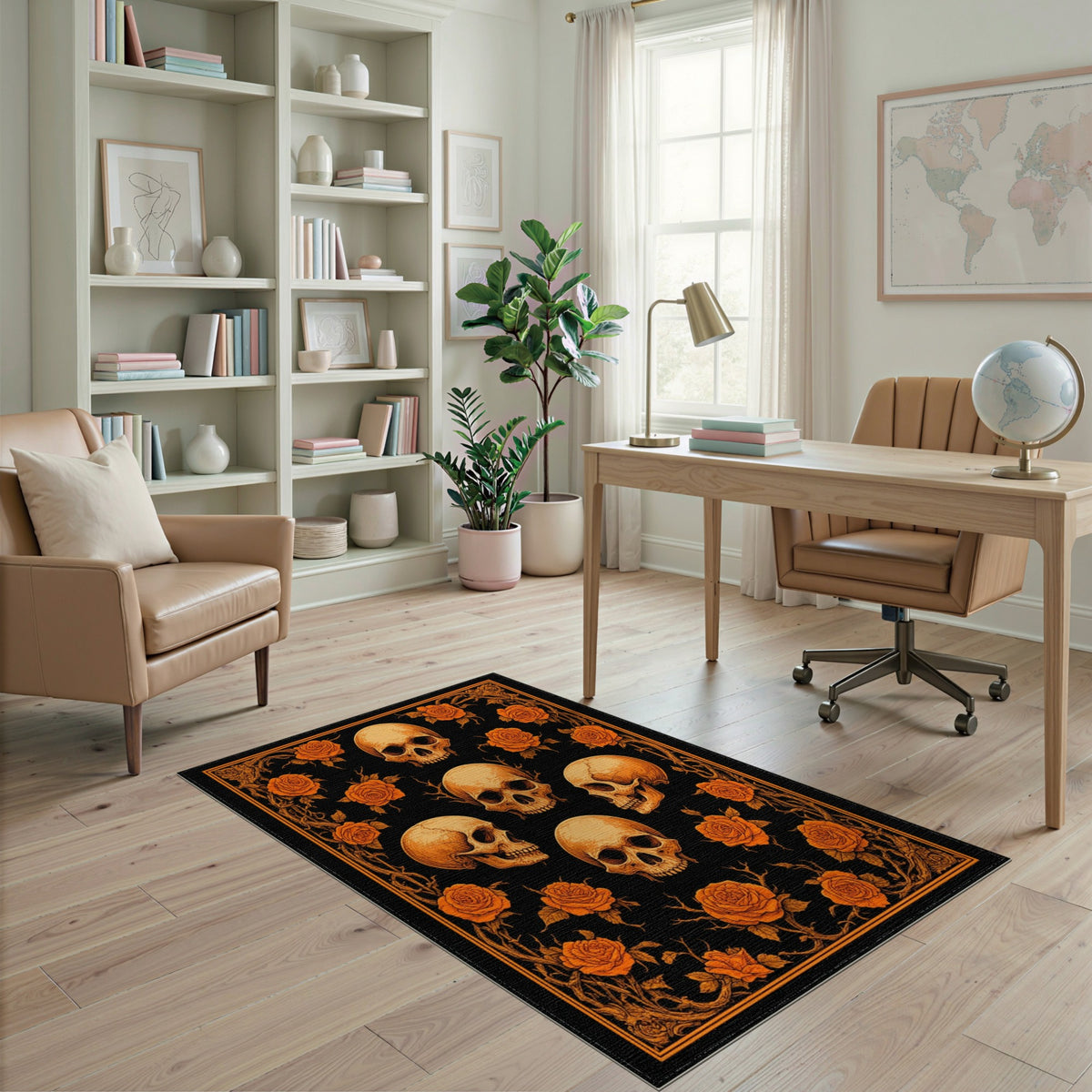 Orange Skull Rose Vintage Floral Rug