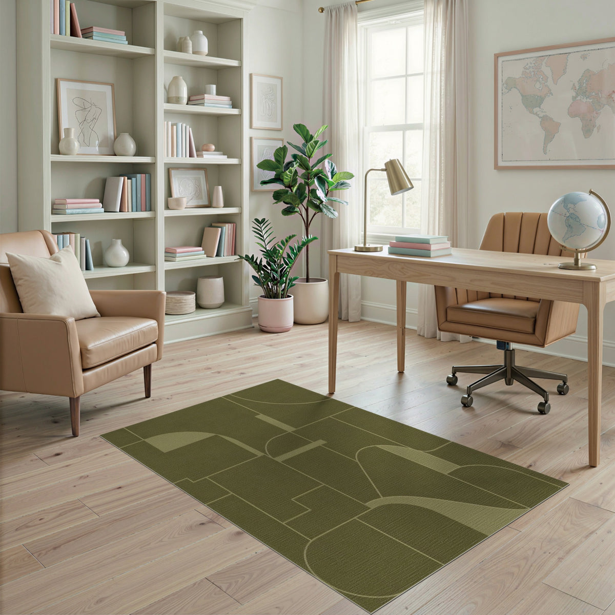 Green Olive Green Geometric Area Rug
