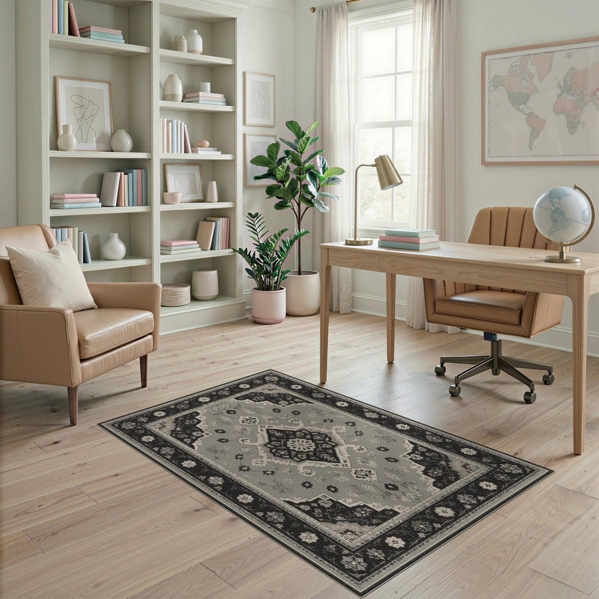 ODIKA Black White Persian Floral Area Rug