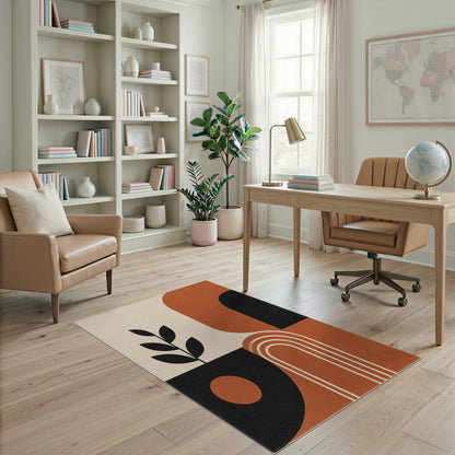 Geometric Area Rug with Leaf Silhouette in Earth Tones