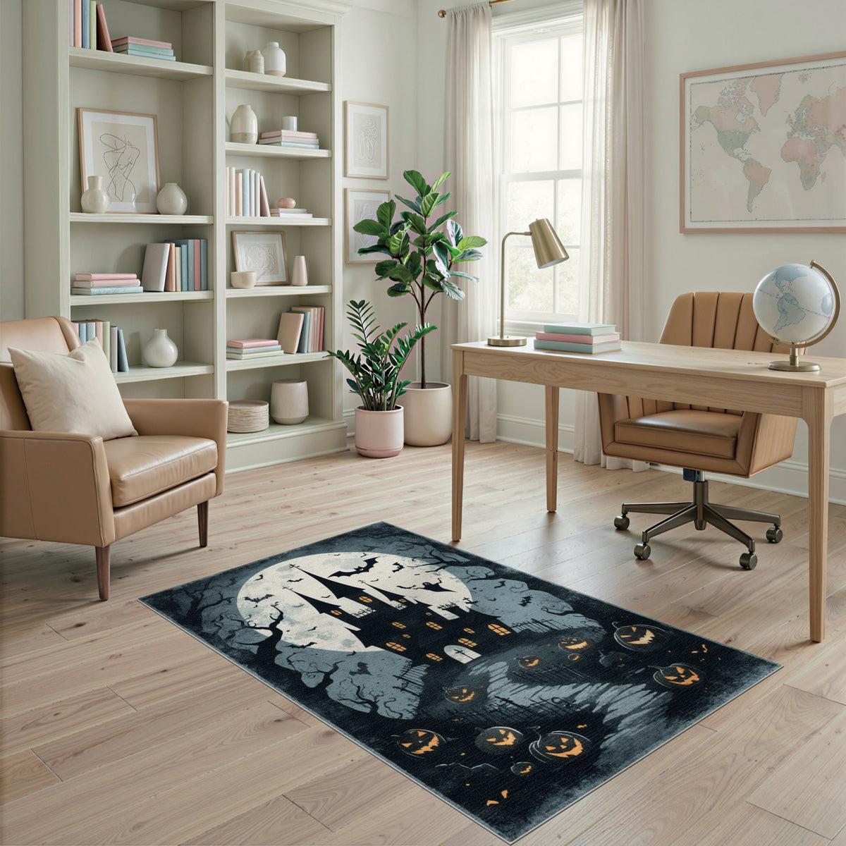 Black and White Haunted Castle Halloween Area Rug