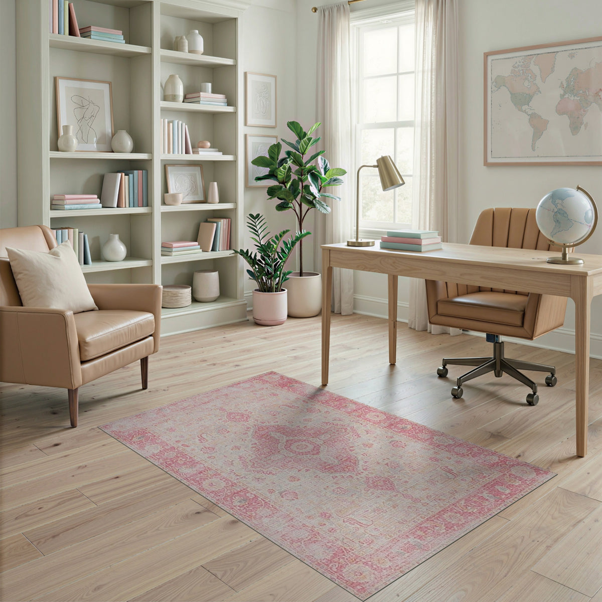 Pink Distressed Vintage Floral Pink Area Rug