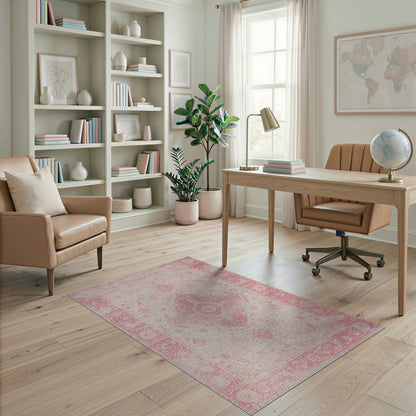 Pink Distressed Vintage Floral Pink Area Rug