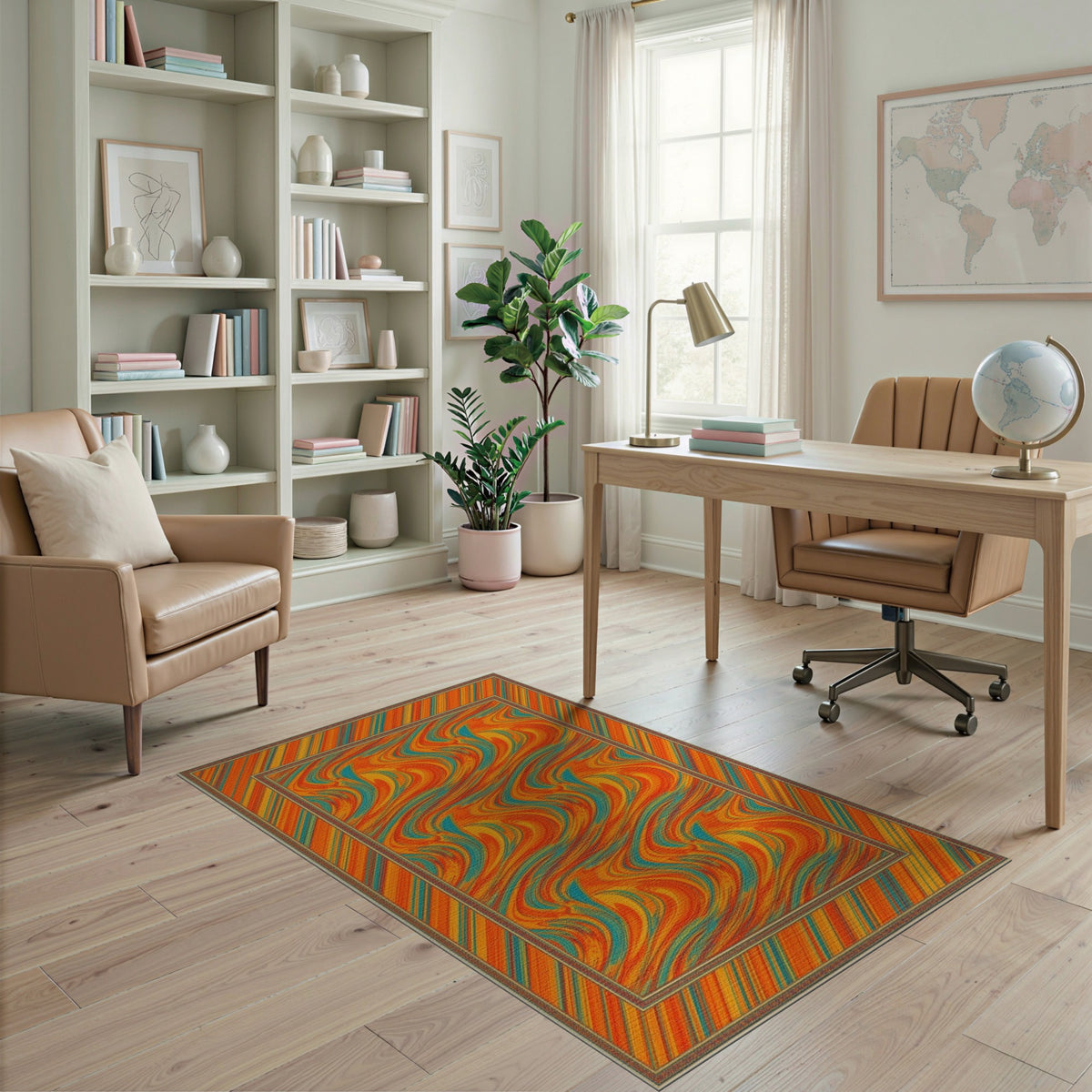 Multi-color and Patterns Vibrant Orange Teal Swirl Abstract Area Rug