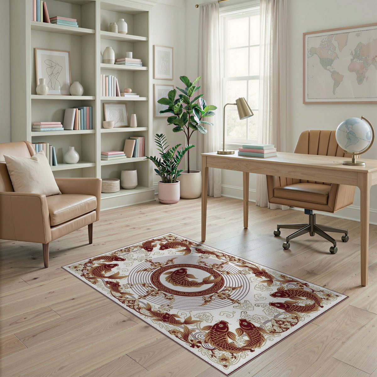 Koi Fish Medallion Brown Area Rug