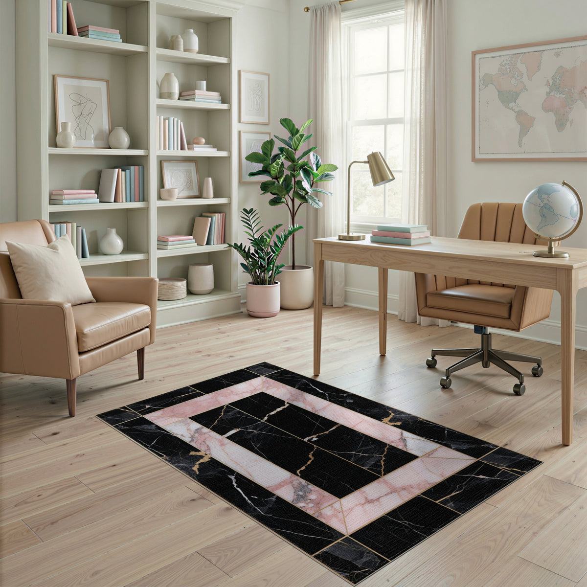Pink Marble Geometric Frame Area Rug