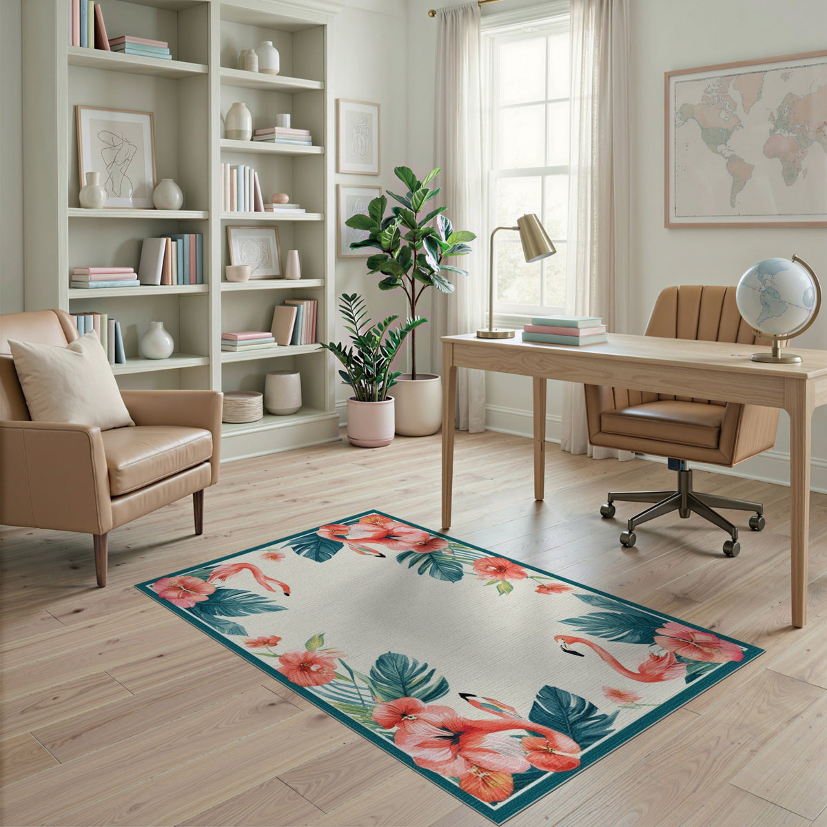 Floral Vintage Pink Flamingo Hibiscus Washable Area Rug