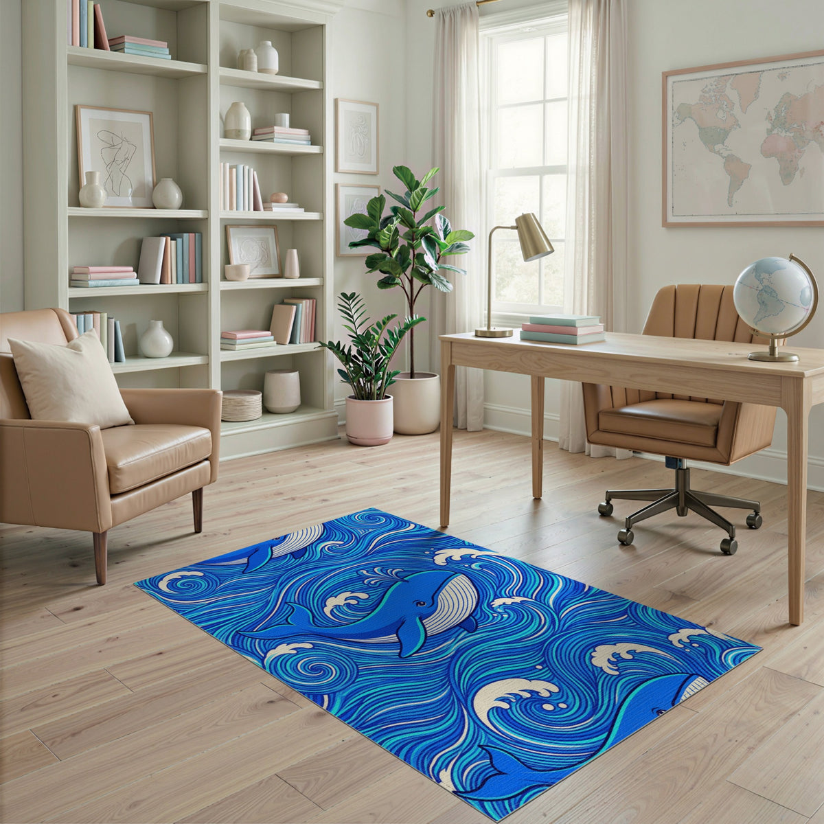 Blue Whale Ocean Waves Washable Area Rug