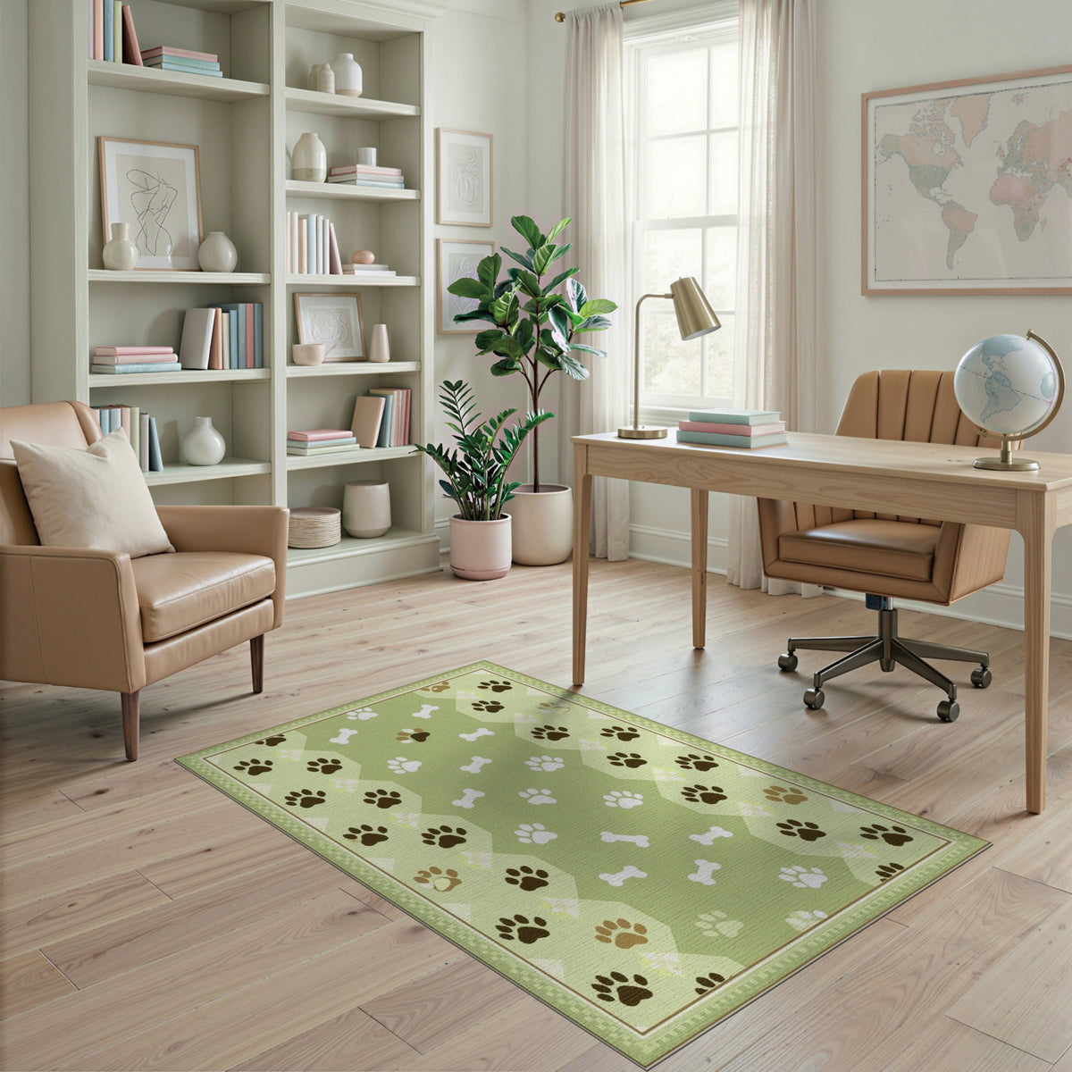 Green Paw Print Bone Kids Area Rug