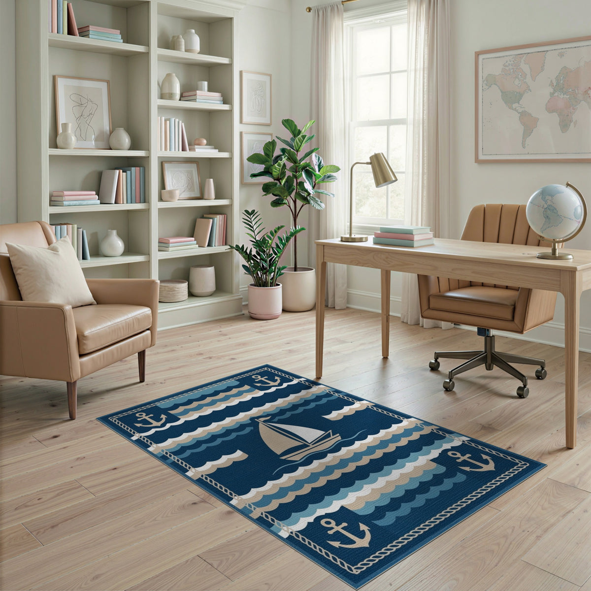 Navy Blue Sailboat Anchor Coastal Area Rug