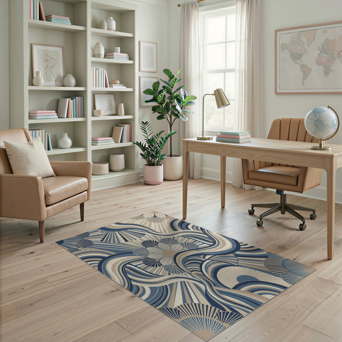 Blue Teal Abstract Wave Floral Area Rug