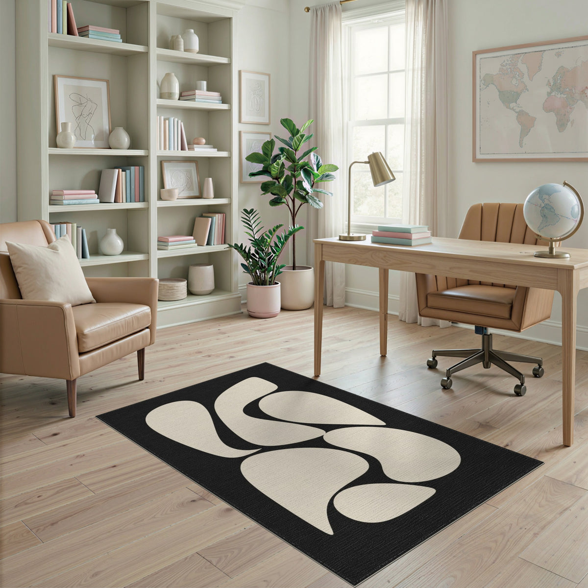 Black and White Abstract Organic Shapes Black White Area Rug