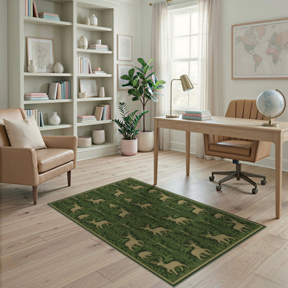 Green Forest Deer Bear Rustic Area Rug