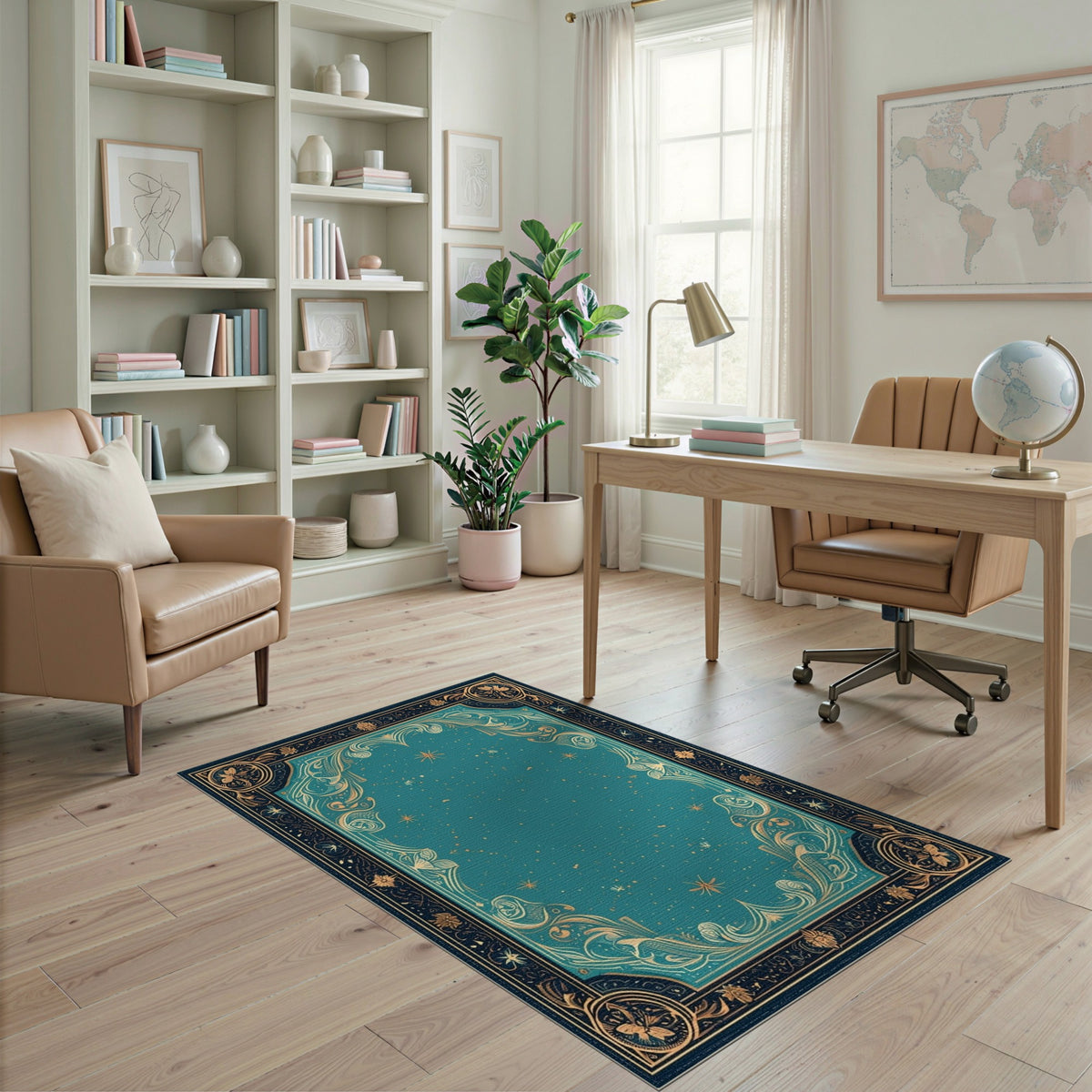 Teal Floral Vintage Area Rug with Gold Border