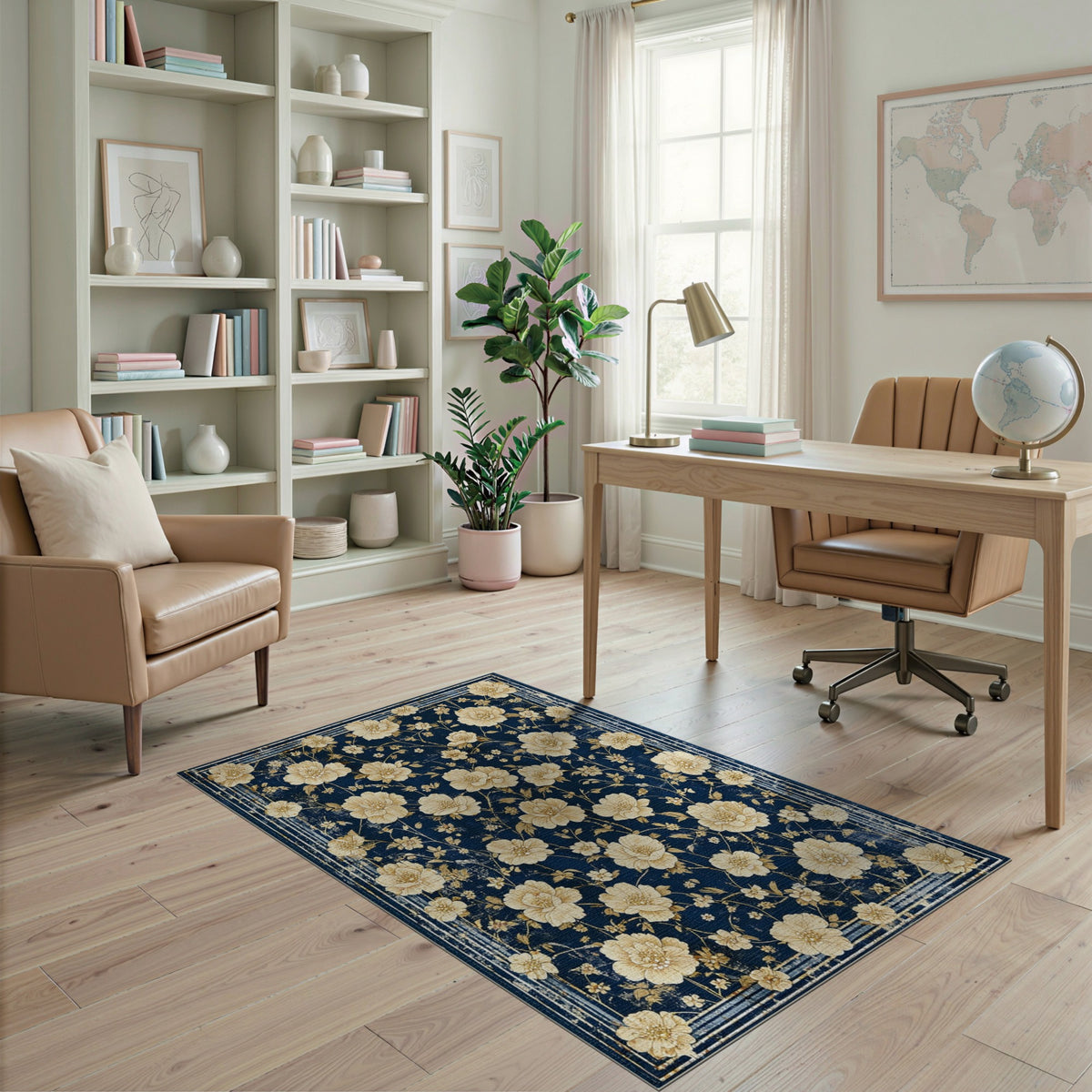 Vintage Floral Navy Blue Area Rug