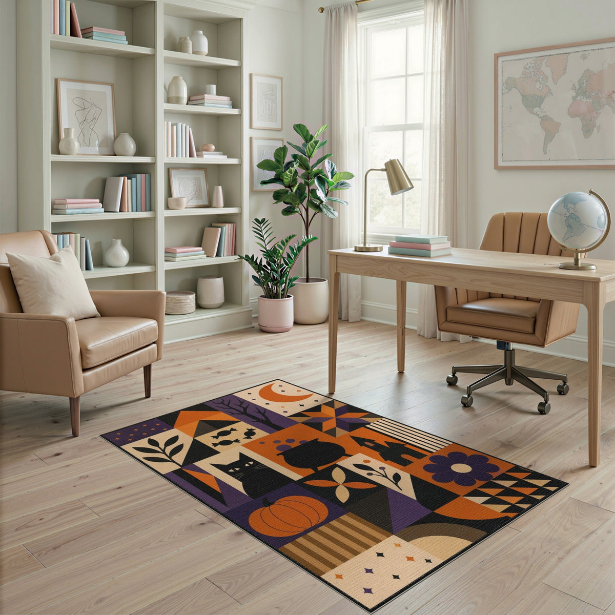 Halloween Geometric Black Cat Area Rug