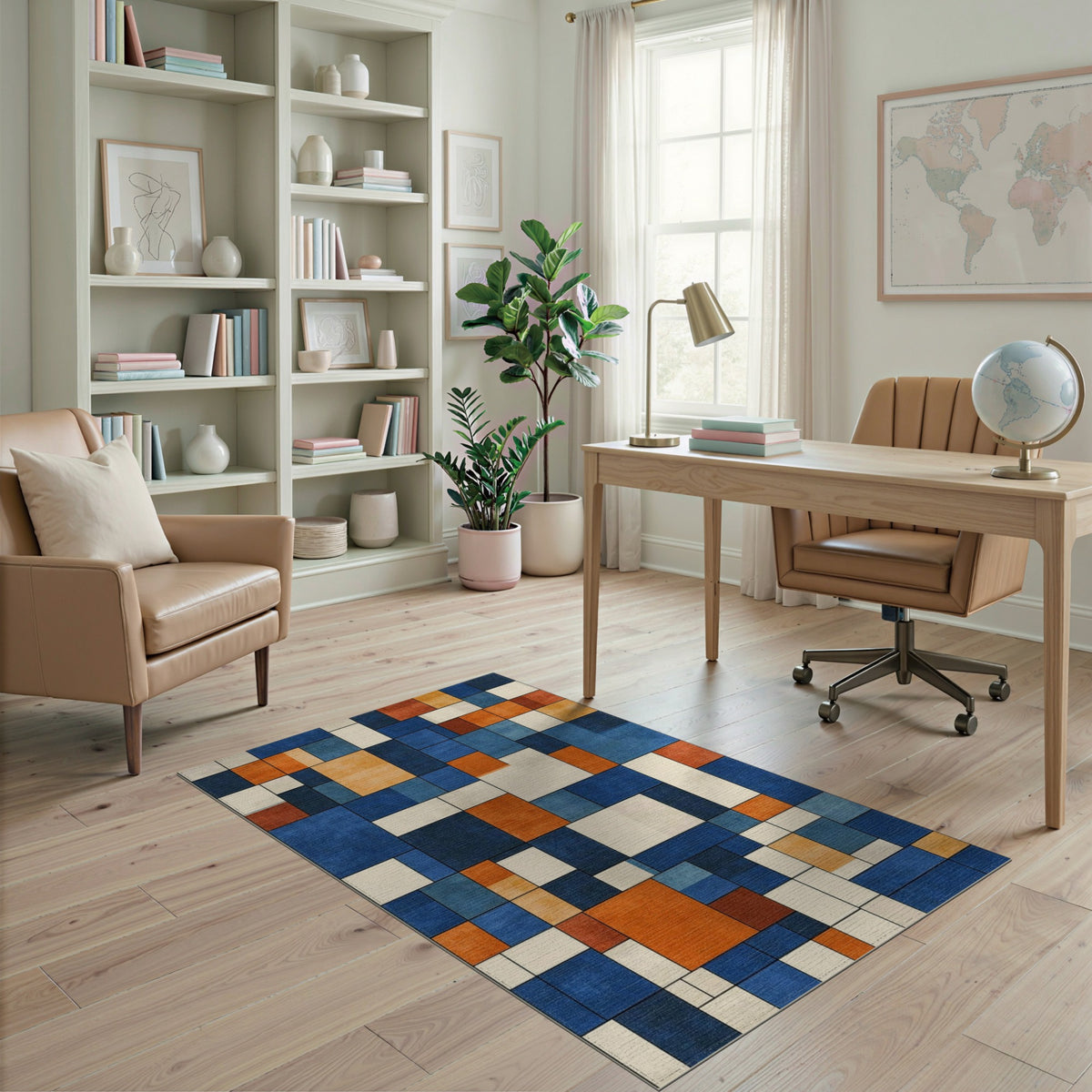 Blue Orange Geometric Modern Area Rug