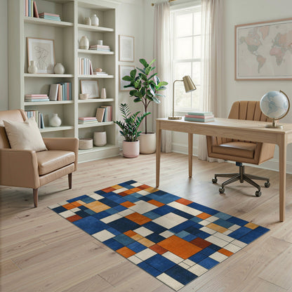 Blue Orange Geometric Modern Area Rug