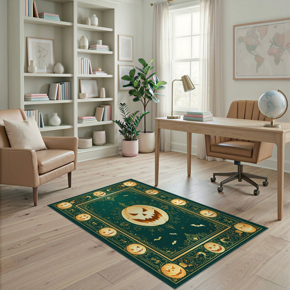 Green Halloween Pumpkin Area Rug with Gold Border