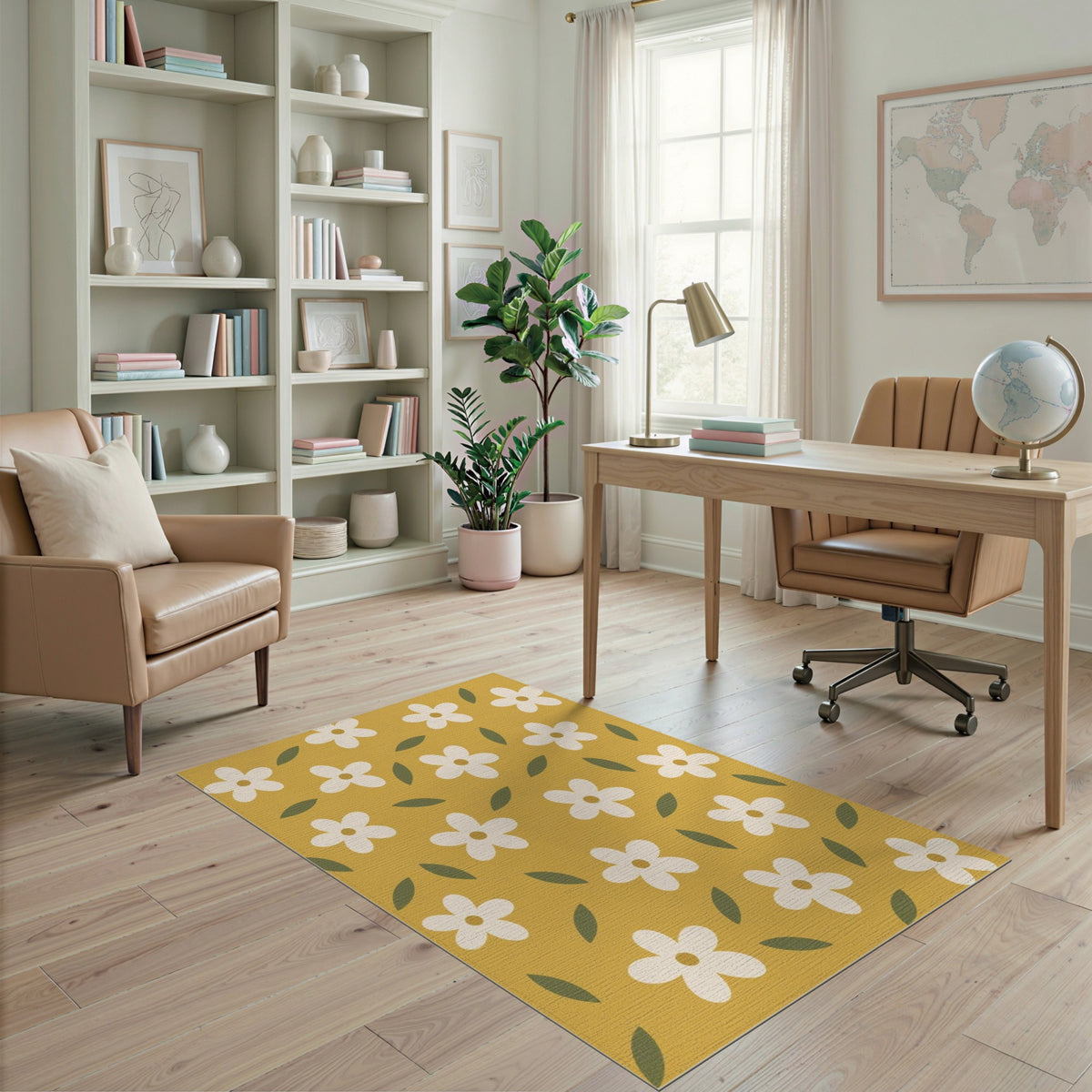 Floral Vintage Yellow Floral Washable Area Rug