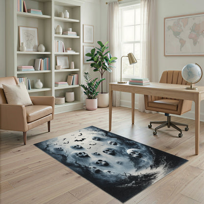 Eerie Skulls and Bats Black White Area Rug