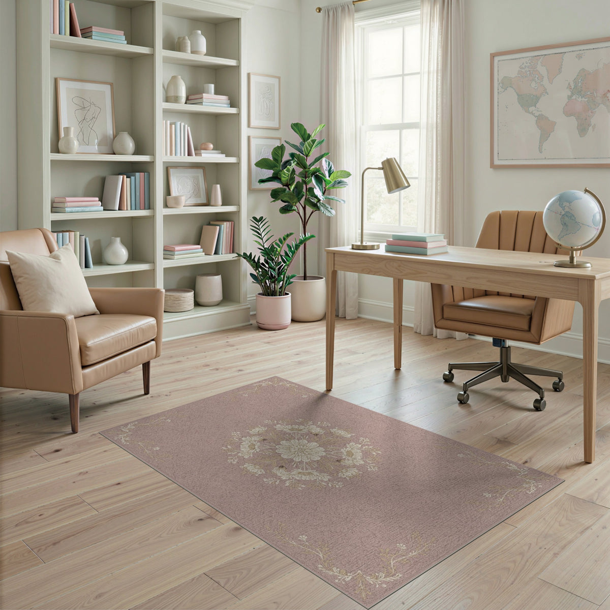 Pink Floral Vintage Area Rug with Medallion