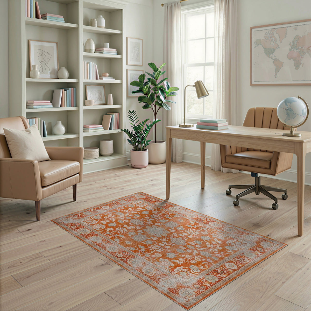 Orange Floral Vintage Area Rug