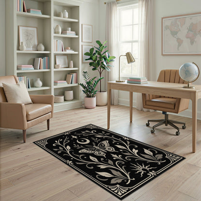 Moth Moon Floral Black White Area Rug