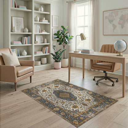 ODIKA Navy Persian Floral Medallion Area Rug
