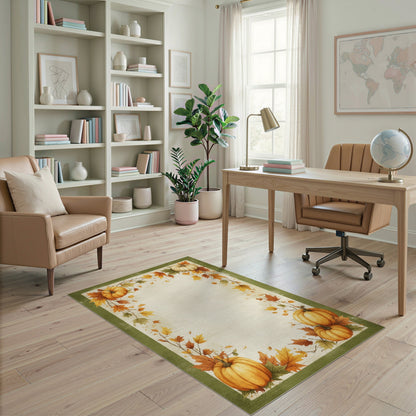 Brown and Tan Autumn Pumpkin Harvest Border Area Rug