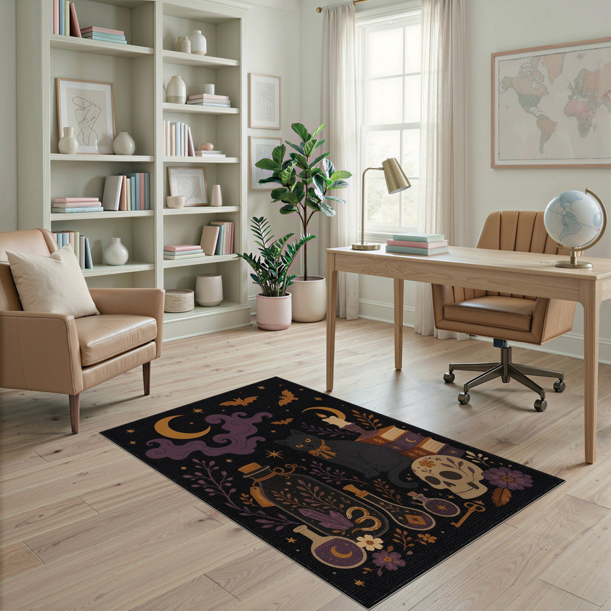 Mystic Black Cat Skull Washable Area Rug